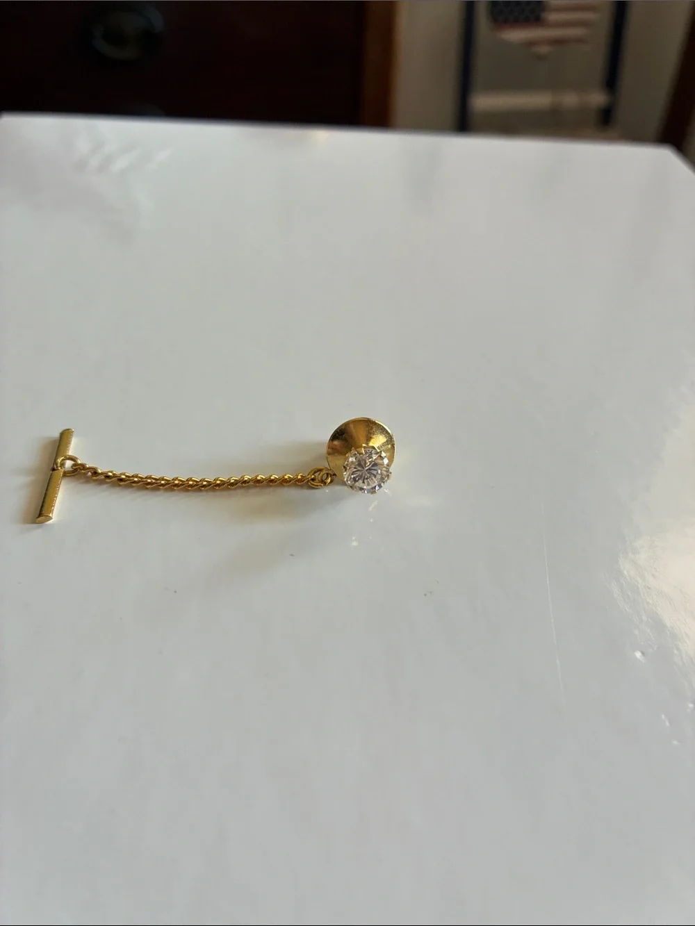 Gold Chain Tie Pin with Clear Stone Accent